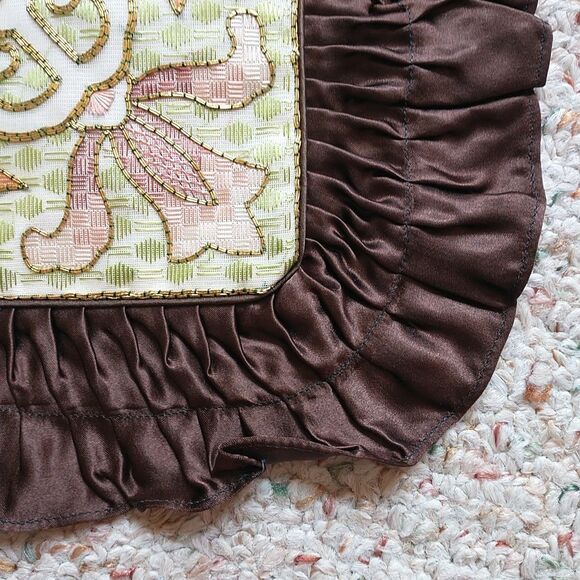 VTG GoldenCloud Pillow Cover Bird Flower Fish Silk Rayon Hand Embroidered Ruffle - Picture 2 of 11